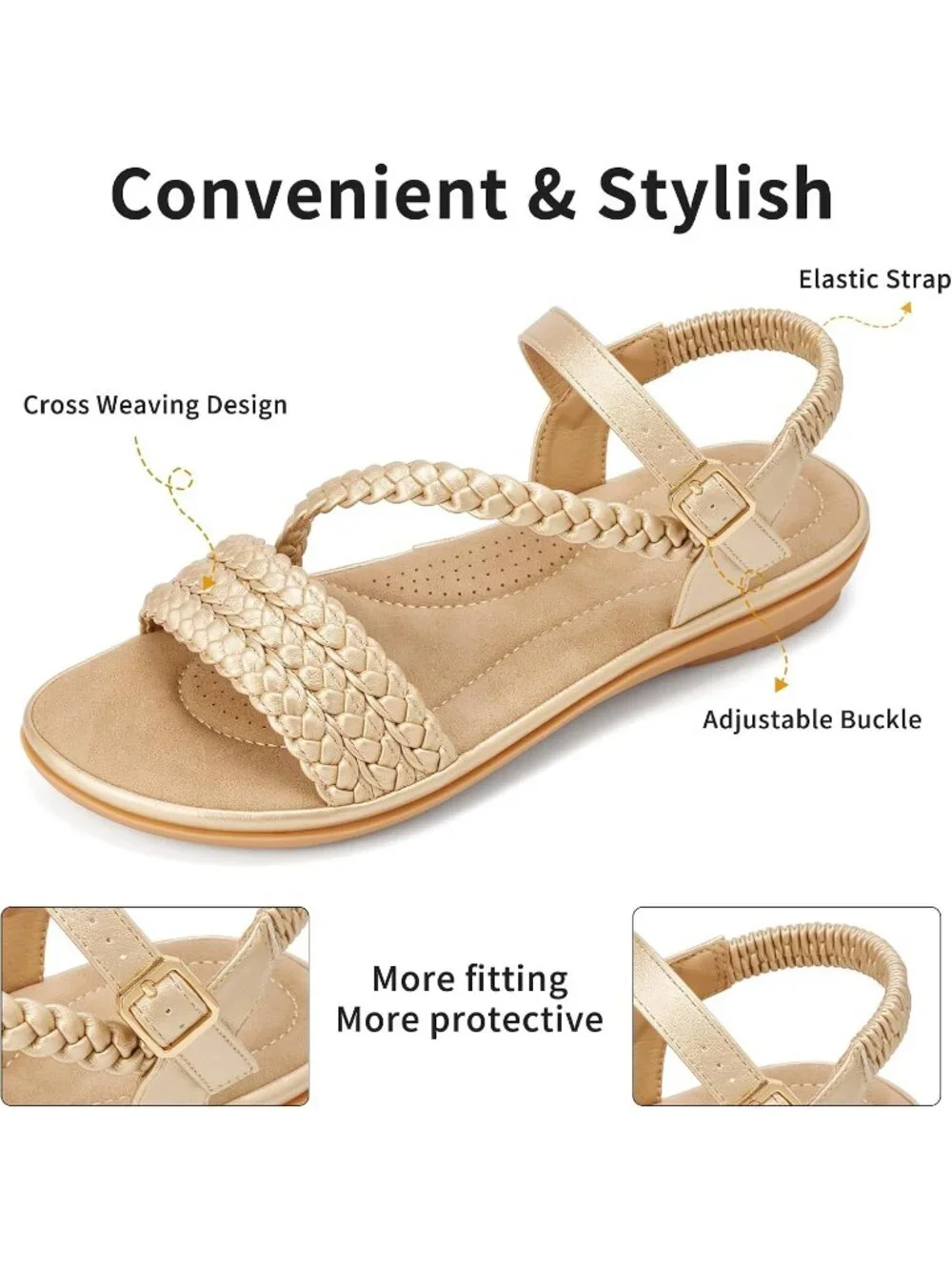 Women's Gold Summer Comfortable Strappy Flats Casual Walking Beach Sandals